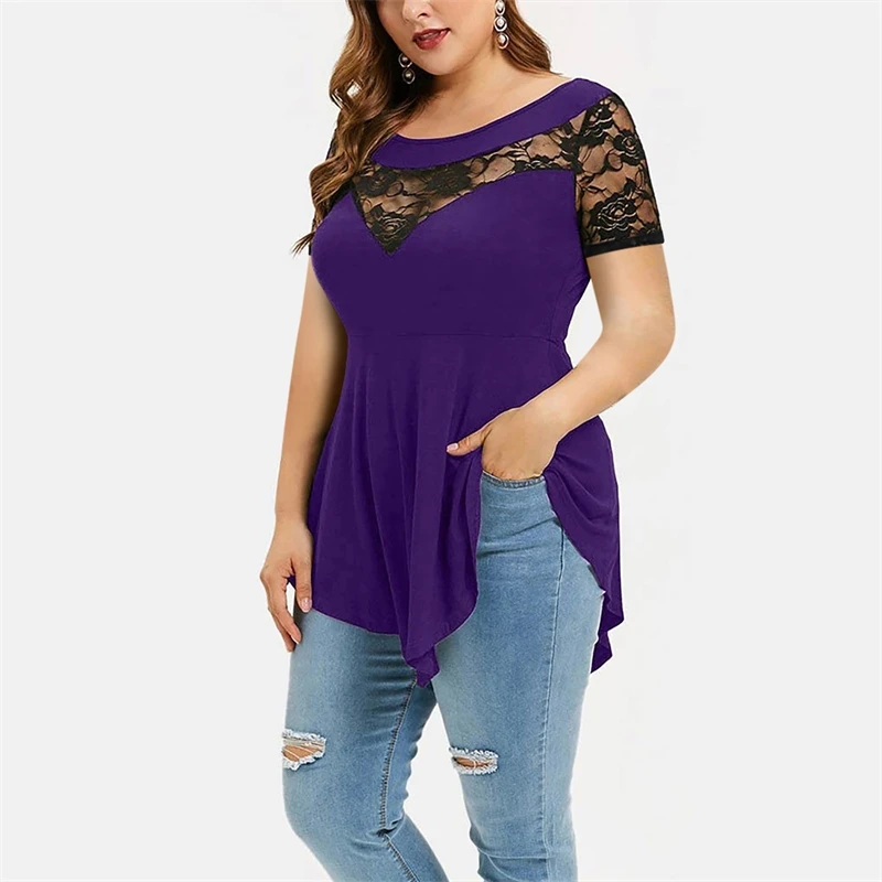 

New Women's Large Flower Lace Short Sleeve Irregular Hem Perspective Round Neck Women's Top
