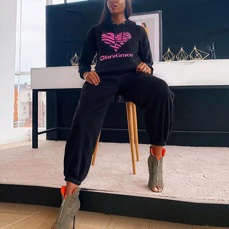 

Solid Printing Casual Women's Tracksuit Suit Drawstring Long Sleeve Top Elastic Wasit Long Pant Two Piece Set 2021 Autumn Sets
