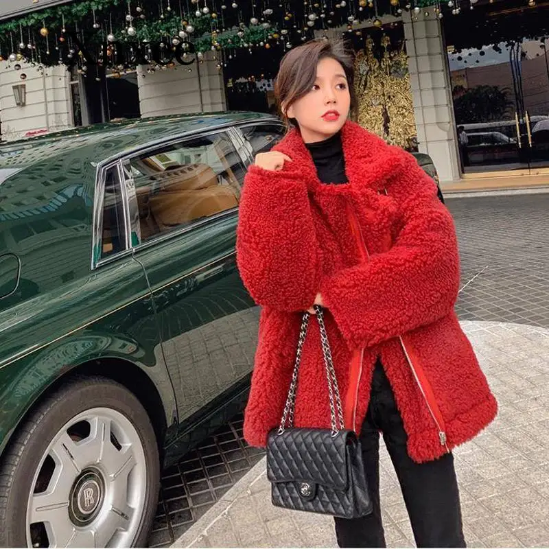 Women Winter Faux Fur Warm Coat Long Sleeve Female Thick Teddy Bear Coat Casual Loose Oversize Red Outwears faux fur coat zipper