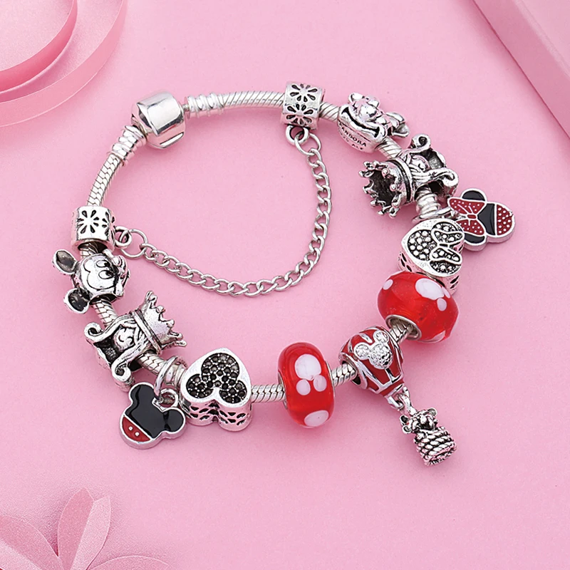 Anomokay Микки и Минни Маус эмаль браслет красный кристалл бусина для Для женщин