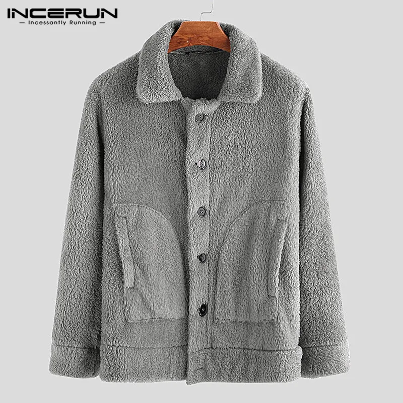 INCERUN мужские флисовые куртки, пальто, уличная одежда с длинным рукавом, однотонная верхняя одежда с отворотом, на пуговицах, пушистые модные зимние плюшевые пальто 7