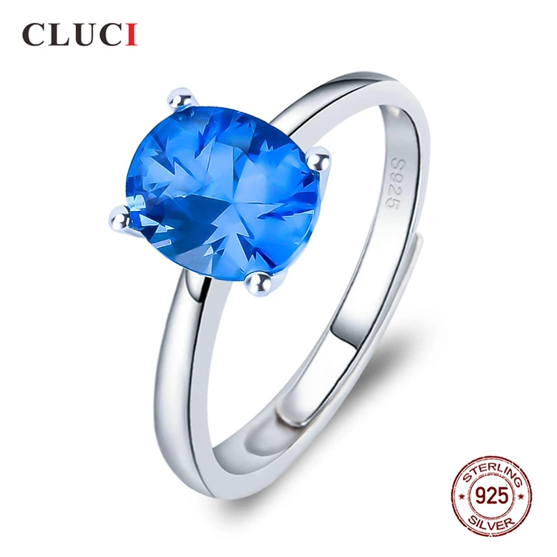 

CLUCI Genuine Silver 925 Four Claws Ring Jewelry Blue Zircon Women Sterling Silver Wedding Engagement Ring DR2014SB