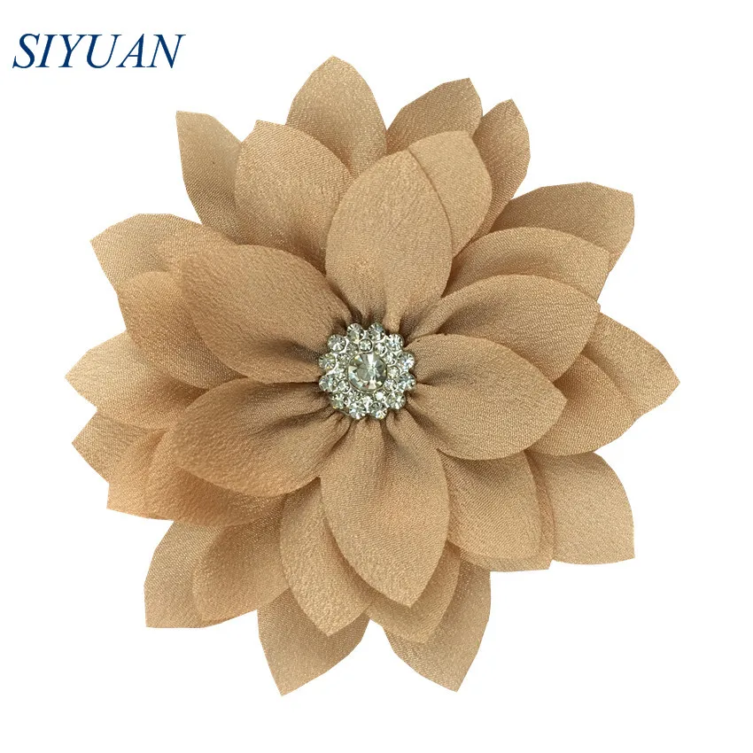 14-khaki 50pcs/lot 9cm Multy Layer Fabric Flower with Rhinestone Chic Lotus Flower Kids Lovely Headwear Accessories High Quality TH300 - Цвет: 14-khaki