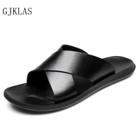 genuine leather mens slippers outdoor beach shoes comfy black slippers men summer casual shoes fashion brown shoes man slipper