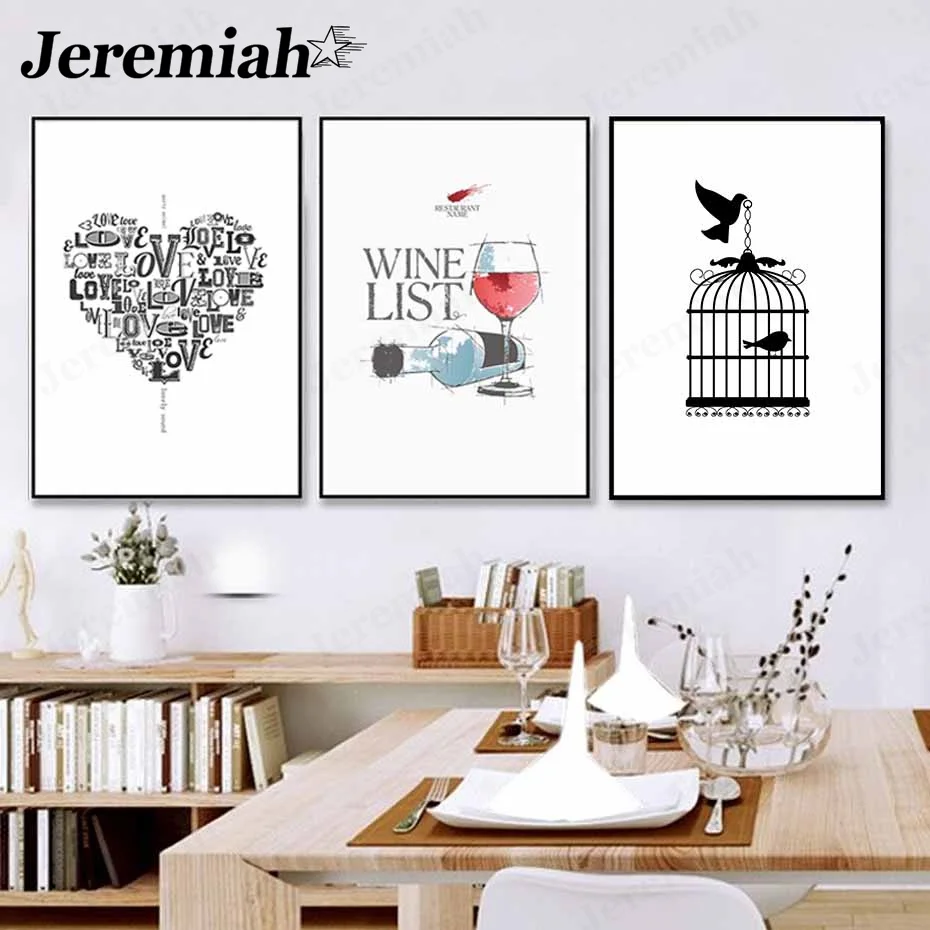 

Modern Abstract Birdcage Canvas Poster Light Bulb Lips Love Wine Black and White Painting Wall Art Nordic Kitchen Home Decor