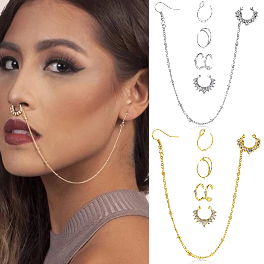 Fake Septum Rings Septum Nose to Ear Chain Dangle Earrings Faux Moon Nose Rings Hoop Non Pierced Clip on Septum Jewelry Ear Cuff