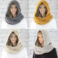fashion womens autumn winter knit hooded scarf thick warm solid color hat knitted scarf