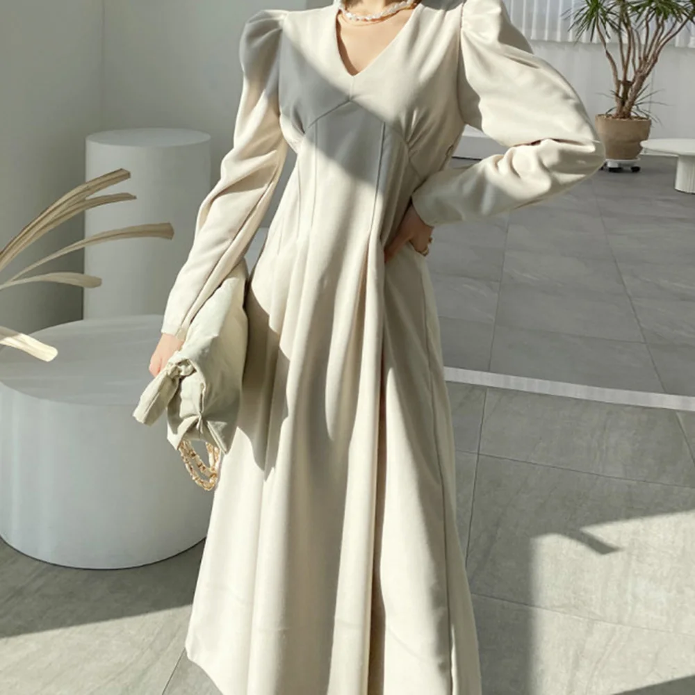 

Korean Fashion Temperament Ladies Dress Elegant Designer Spring Summer 2021 Solid Color V-neck Puff Sleeve