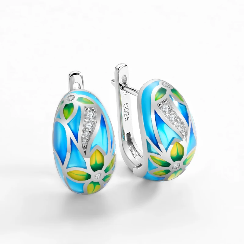 

Genuine 925 Sterling Silver Stud earrings Yellow flowers blue enamel with Cubic Zirconia Luxury For Women Fine Jewelry Enamel