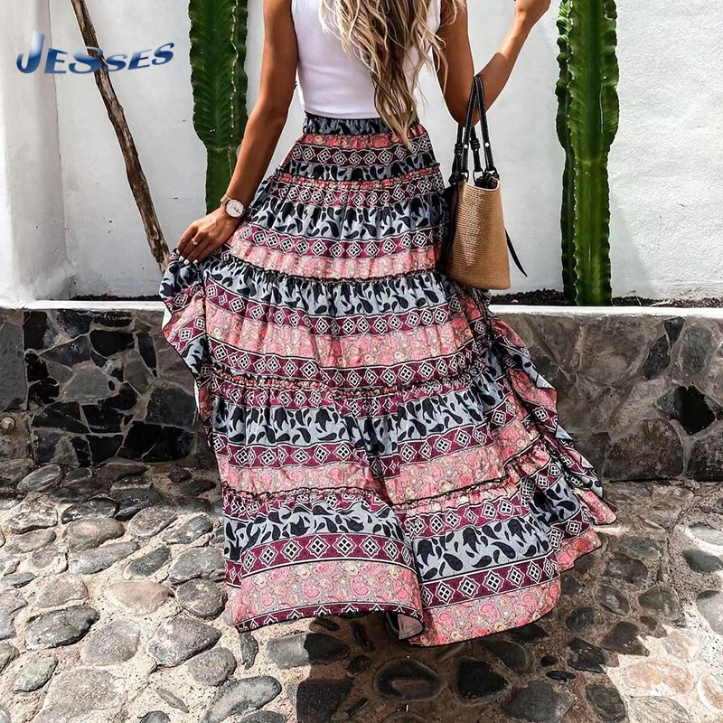 

2021 Beach Boho Women Skirts Floral Printed Irregular Maxi Skirt Sexy Faldas Holiday Long Dresses For Female Summer Long Skirts