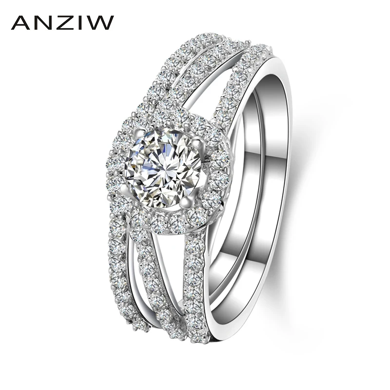 ANZIW 1 карат Сона Halo круглой огранки Обручение свадебные кольца наборы для ухода за