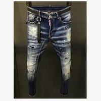 new mens skinny jeans with ripped holes and elastic paint spray blue stitching beggar pants a215