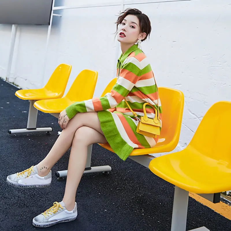 Женское трикотажное платье-поло HG платье в радужную полоску с длинными рукавами