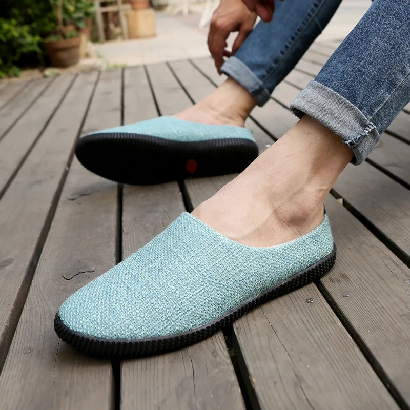 

Slippers a foot flax shoes four seasons men's leisure half drag beach shoes men's shoes summer flat sandal shoes for men