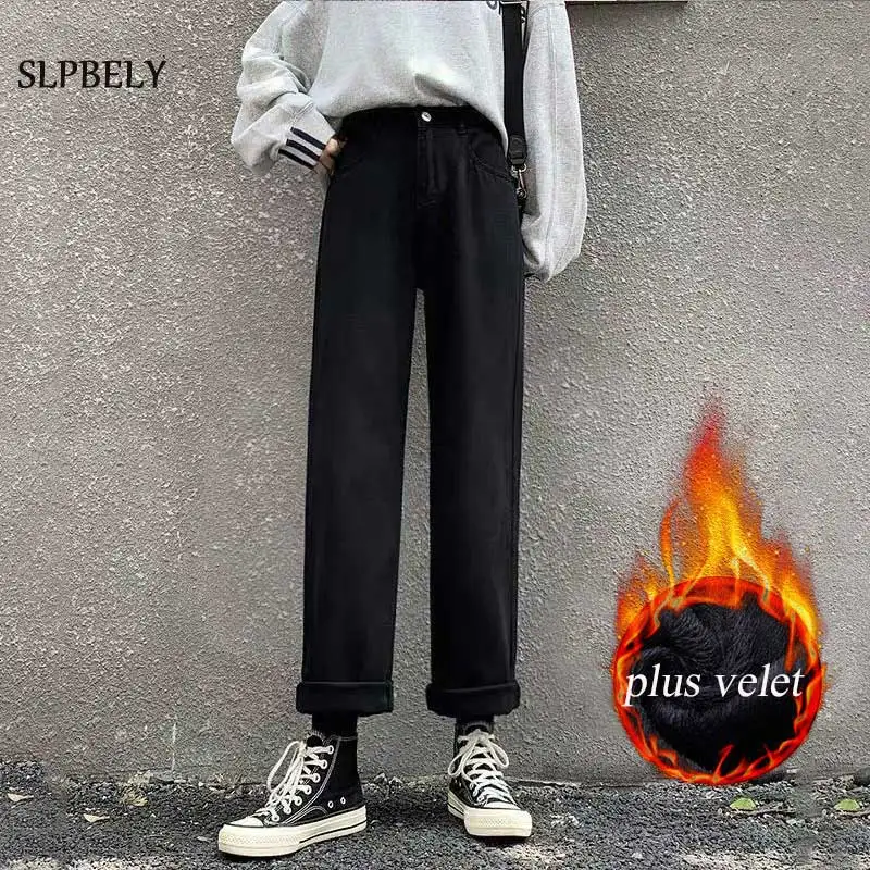 

Зимние женские джинсовые брюки SLPBELY с высокой талией, широкие джинсы, длинные женские брюки для женщин, Утепленные длинные черные и белые брюки