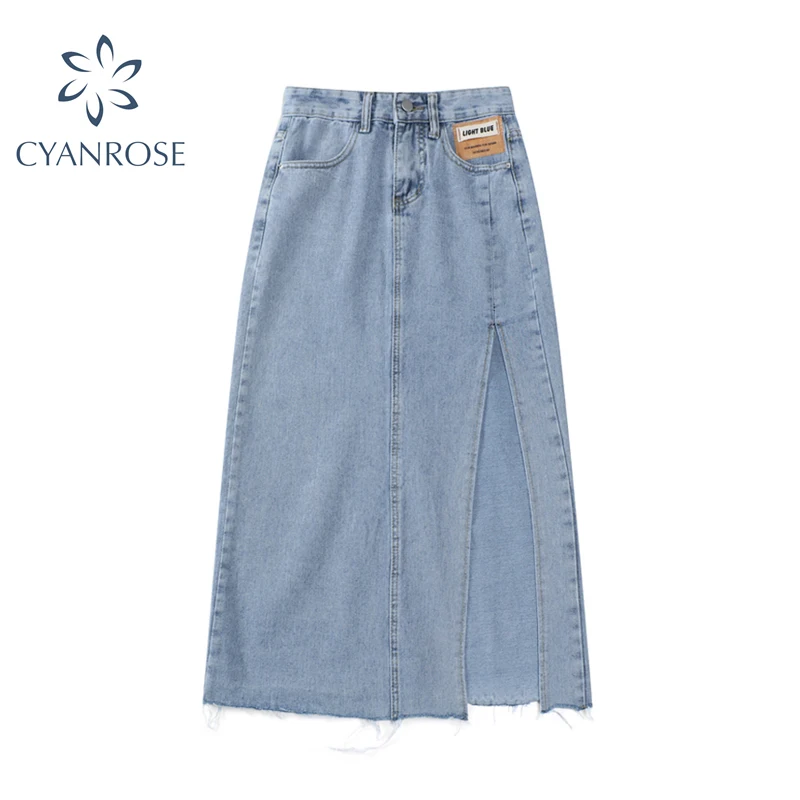 

Retro Denim Midi Skirts For Women Summer Streetwear Long Skirts Jeans 2021 New Style Casual High Waist Split Ladies Denim Skirt