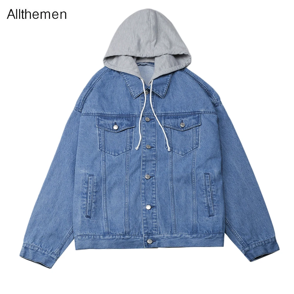 

Allthemen Mens Denim Jacket Male Hooded Trendy Fashion Hip Hop Streetwer Men's Detachable Hooded Solid Denim Jacket EU Size XXL