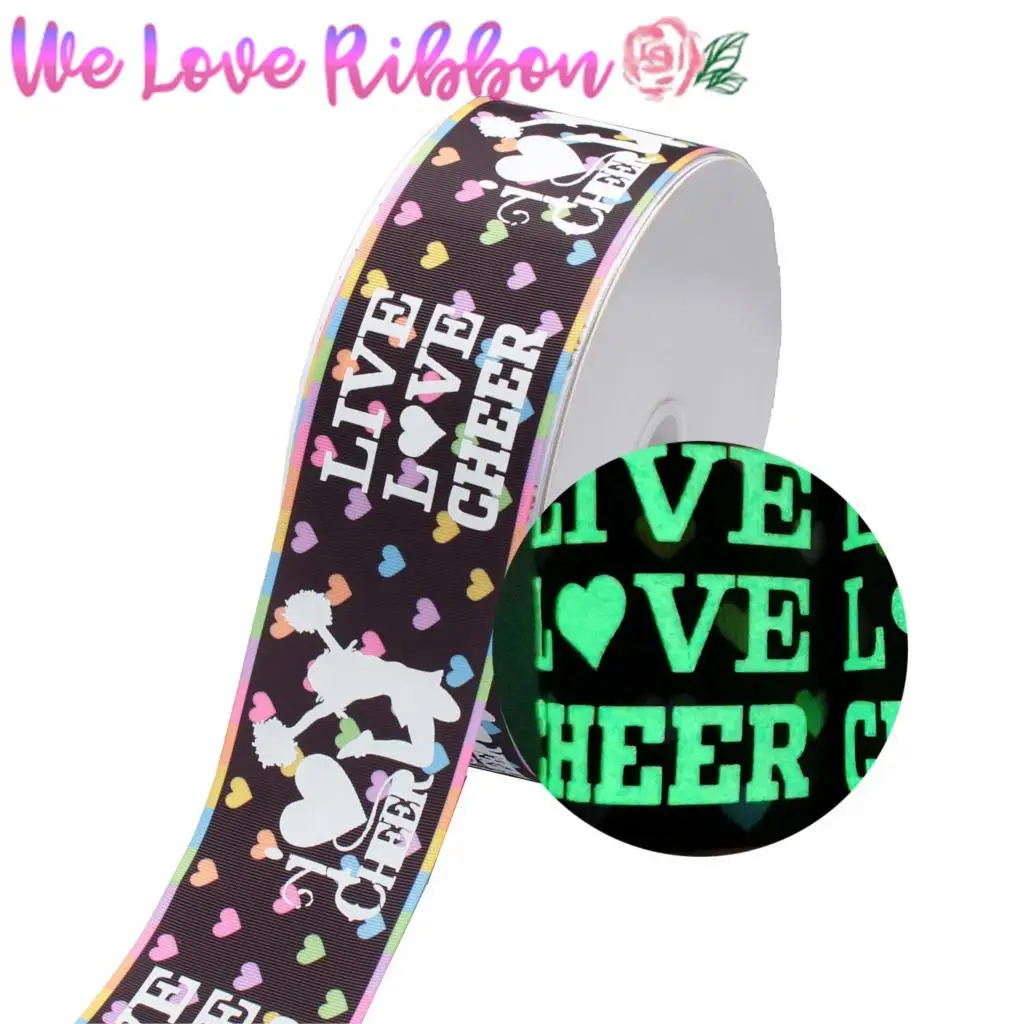 3&quot75mm &quotLive Love Cheer&quot White Ink Printing Glow in the Dark Wave Heart Dots Printed Grosgrain Ribbon DIY Hair Band 50yards/roll | Дом