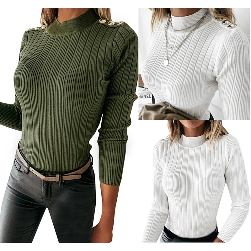 

Women Fashion Half High Neck Solid Color Slim Thin Knit Long Sleeve Top
