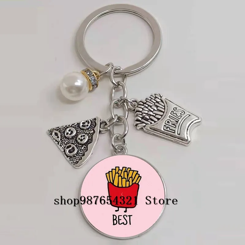 New Pizza French Fries Donut Burger Icon Keychain Glass Cabochon Charm Jewelry | Key Chains