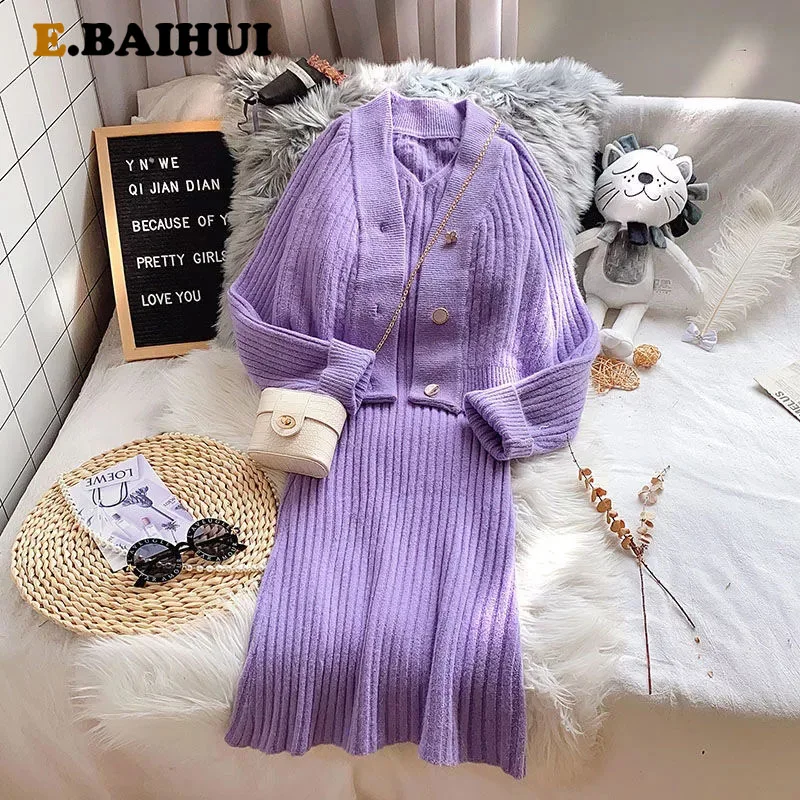 

EBAIHUI Knitted Women Two Pieces Set Solid Short Sweater Cardigan Long Solid Dress Office Lady Korean Outfits Spring Autumn