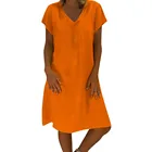 Женское Хлопковое платье-футболка, повседневное свободное платье из льна с V-образным вырезом, лето размера плюс