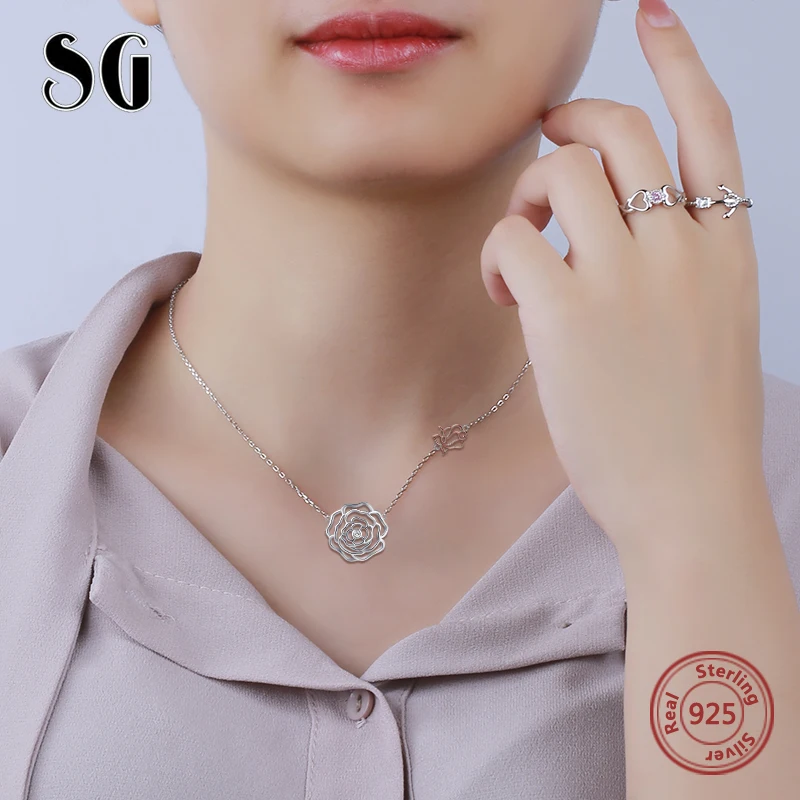 SG ожерелье из стерлингового серебра 925 пробы с розами и вырезами модное кулоном