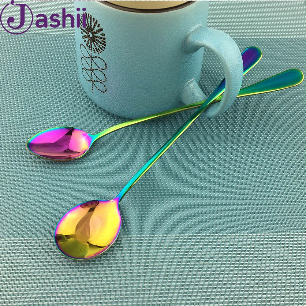 Радужная черная кофейная ложка JASHII с длинной ручкой из нержавеющей стали для