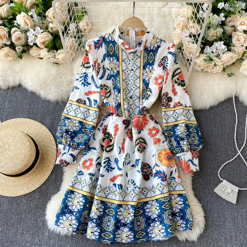 

SINGREINY Women Retro Print Short Dress Korean Stand Collar Puff Sleeve Button Dresses Autumn Fashion Streetwear A-line Dress