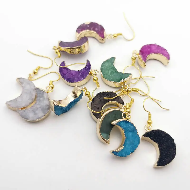 Серьги подвески с друзой из натурального золота в форме Луны синие серьги