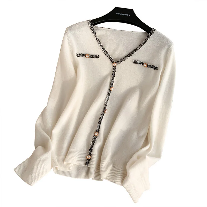 

Women Spring Autumn Fashion Slim V-Neck Pearl Button Knitted Cardigan Sweater Female Sweet Brand Casual Coats Ladies Tops ML550