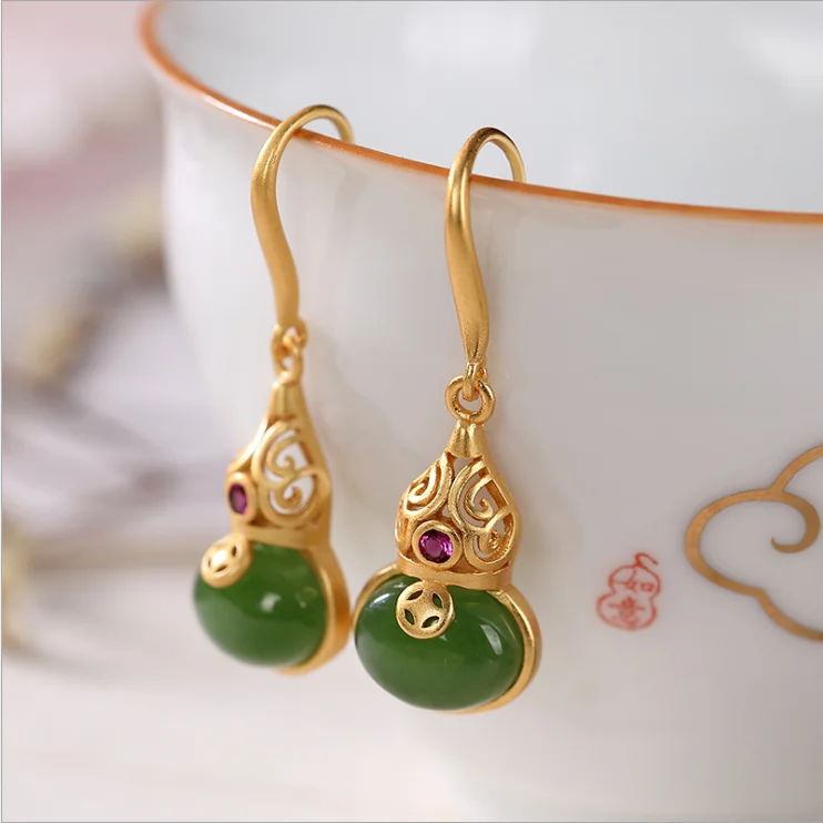 

Natural Jasper Fu Lu Gourd Earrings S925 Sterling Silver Personalized Earrings Exquisite Temperament Earrings for Women Fashion