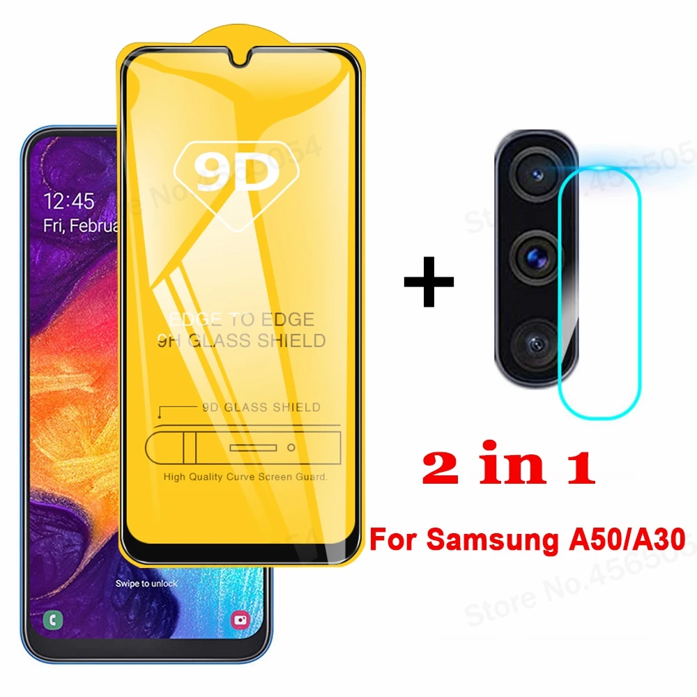 2 в 1 9D экран Защитное стекло для samsung Galaxy A50 A30 SM A305F A505F объектив камеры стеклянная