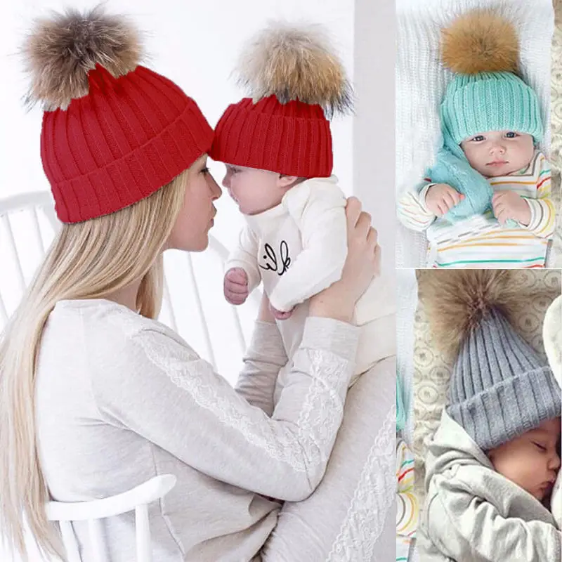 

1Pcs Mom Babies Matching Beanie Hats Toddler Kids Girls Boys Warm Hat Winter Beanies Knitted Cap Winter Knit Fur Crochet Pompon