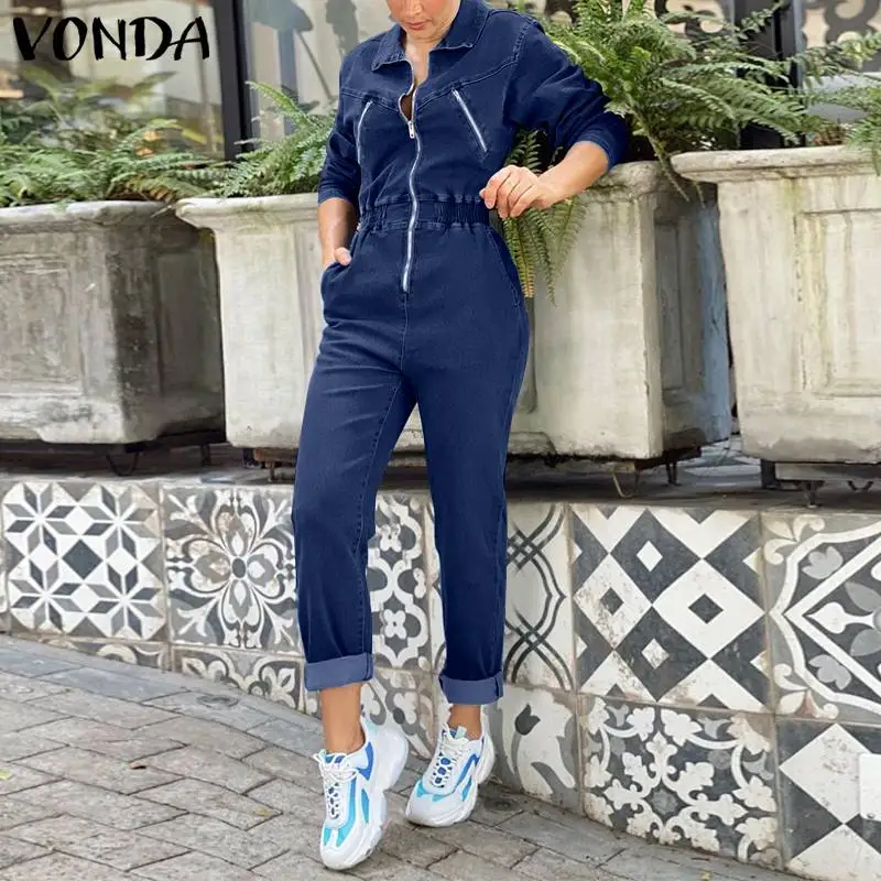 

VONDA Vintage Long Jumpsuits 2021 Autumn Women Casual Long Sleeve Solid OL Office Overalls Long Playsuits Oversize Pantalones