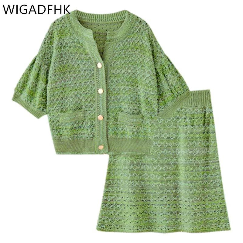 

Tweed Green Cardigan Warm Knitted Sweater Women 2 Pieces Set Casual Fashion Skirt Sets Female Autumn Winter Vintage Knitwear Top