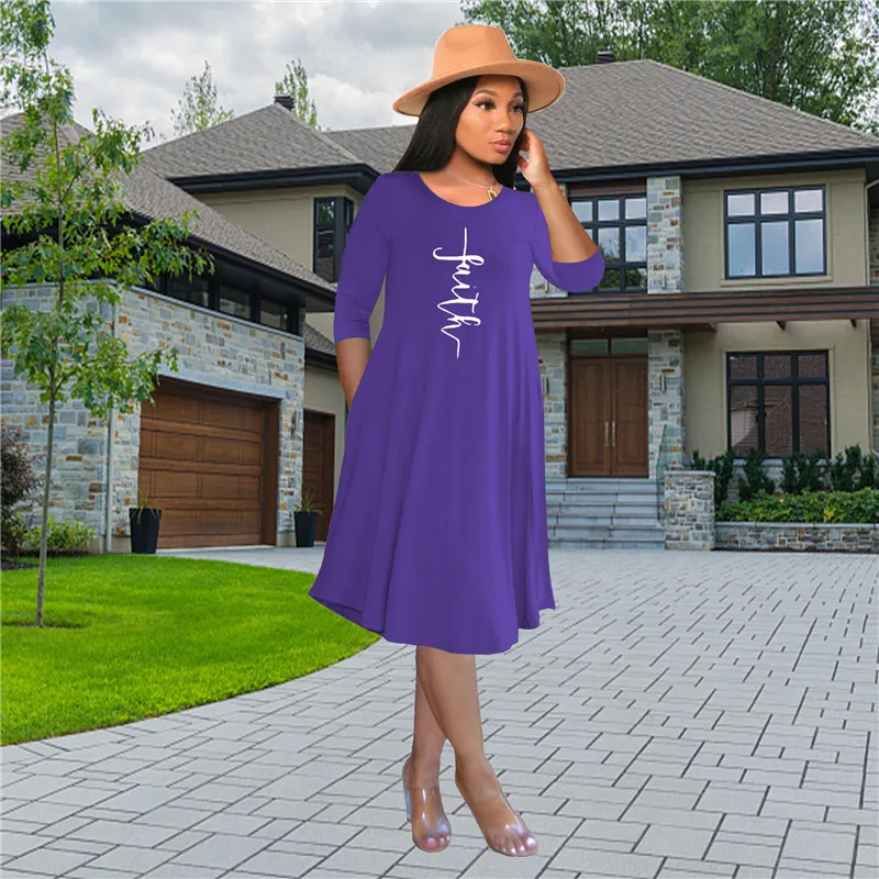 

Women Maxi Dress Casual Long Sleeve O-Neck Pocket Loose Dress Faith Letter Print Knee-length Dress 2021 Autumn New Lady Vestidos