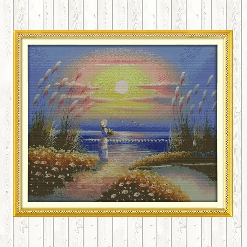 

Seaside Girl DIY Needlework Crafts 14CT 11CT Counted Stamped Cross Stitch Kits Embroidery Kits DMC Cotton Thread Printed Canvas