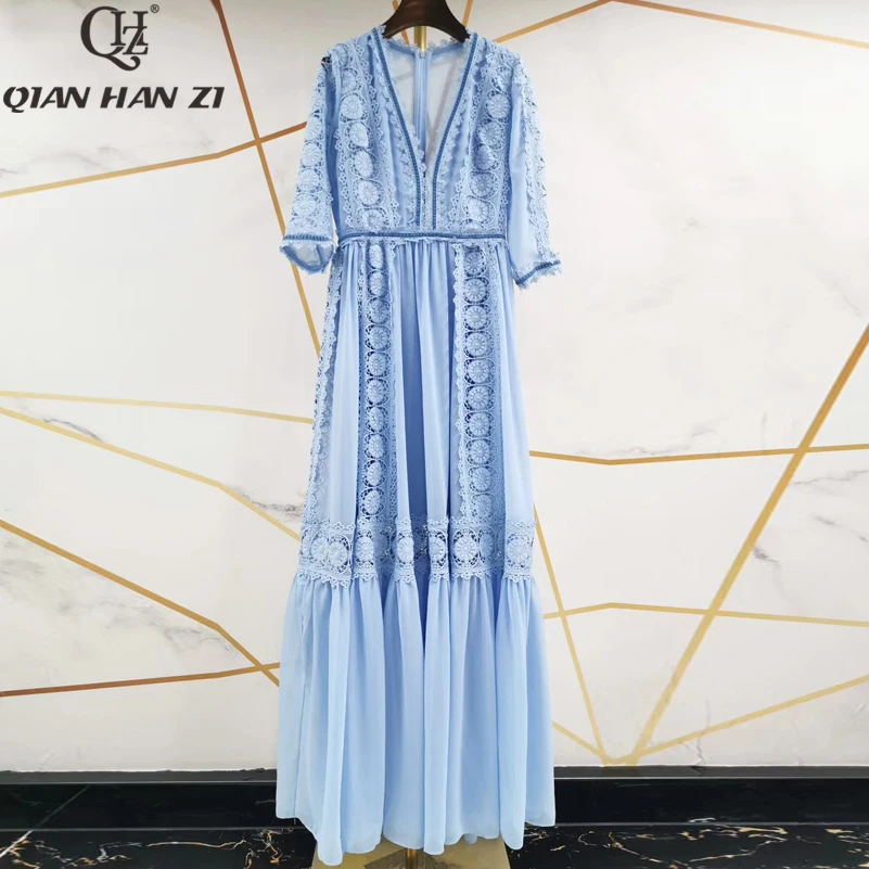 Дизайнерское подиумное модное Макси-платье Qian Han Zi женское длинное кружевное
