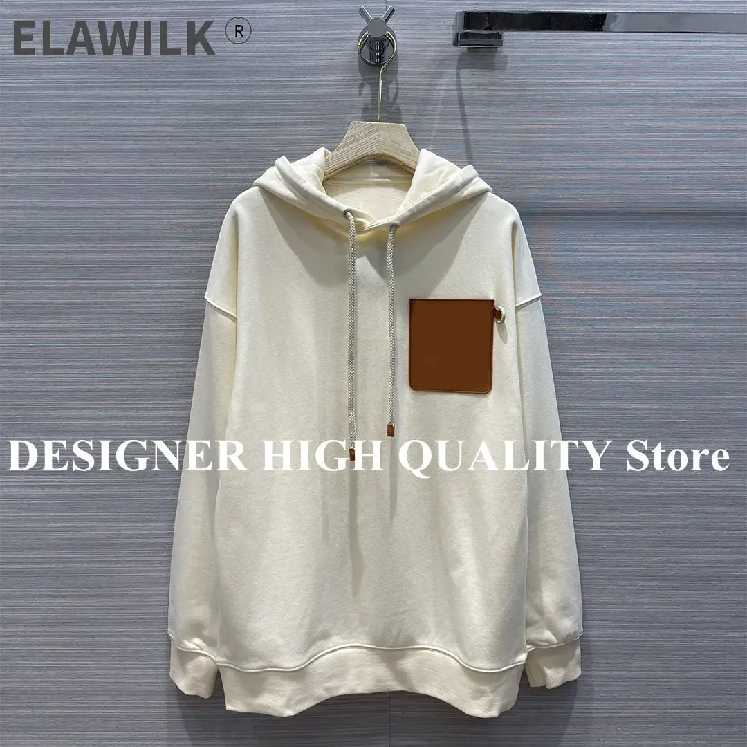 

New Autumn Streetwear Oversized Loose Unisex Hooded Hoodies Women Leather Pocket Patchwork Solid Casual Cotton Sweatshirt
