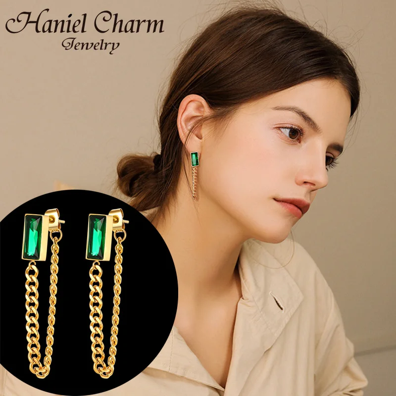 

2021 New Korean Fashion Green Crystal Stone Stainless Steel Gold Color Chain Drop Earrings for Women Party Jewelry No Fading