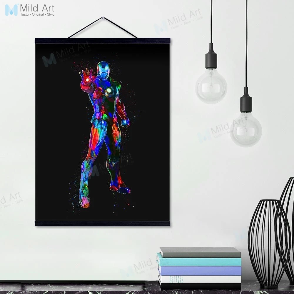 Color Iron Man Stark Avenger Wooden Framed Hanger Poster Movie Fan Super Hero Wall Art Picture Home Deco Canvas Painting Scroll | Дом и сад