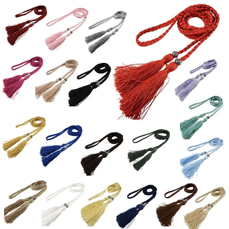 

Woven Tassel Belt Knot Decorated Waist Chain Waist Rope Dark Khaki