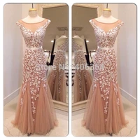 real photo champagne tulle mermaid evening dress sexy open back floor length prom dress with appliques 2019 new robe de soiree