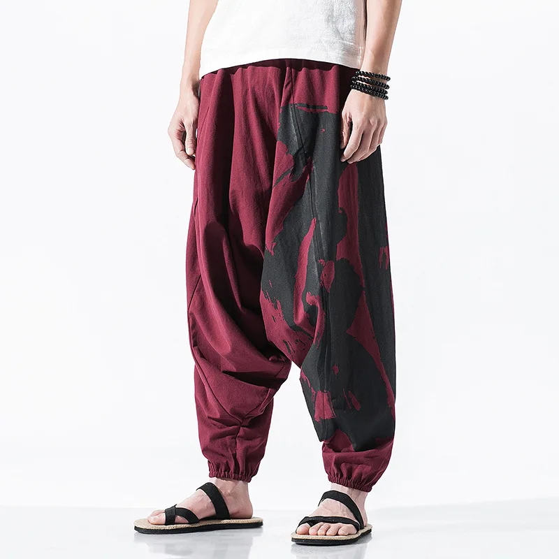 

Chinoiserie 2020 autumn new men's printed cotton and linen trend loose crotch pants Nepalese radish pants
