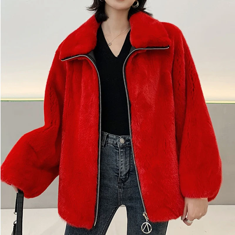 

Fashion Red Real Mink Fur Jacket with Turn-down Collar 2021 New High Quality Genuine Mink Fur Coat with Zipper Luxury Fur Outfit