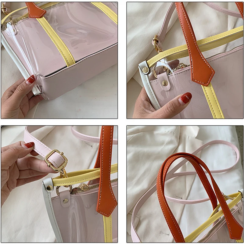 

Fashion Jelly Clear Tote Bags for Women 2021 Patchwork Pvc Shoulder Bags Women Designer Handbag Transparent Composite Bag Purse