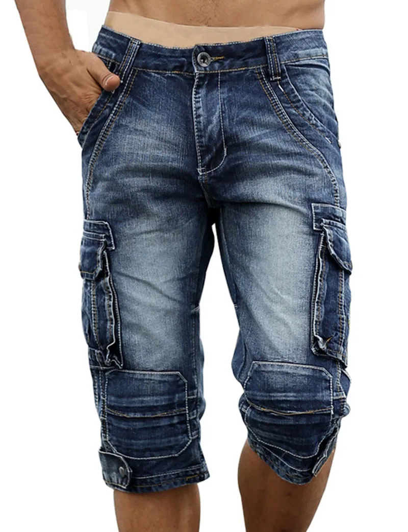 

New Summer men's male Summer American retro washed and worn workwear jeans Multi-pocket casual denim cropped pants over the knee