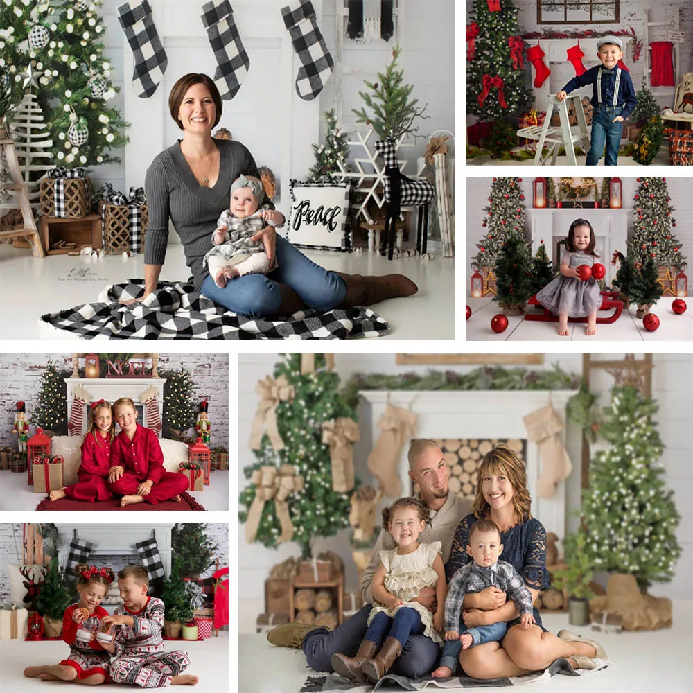 

Christmas Backdrop Fireplace Christmas Tree Decor Photography Background White Brick Wall Socks Wreath Photocall Photo Studio