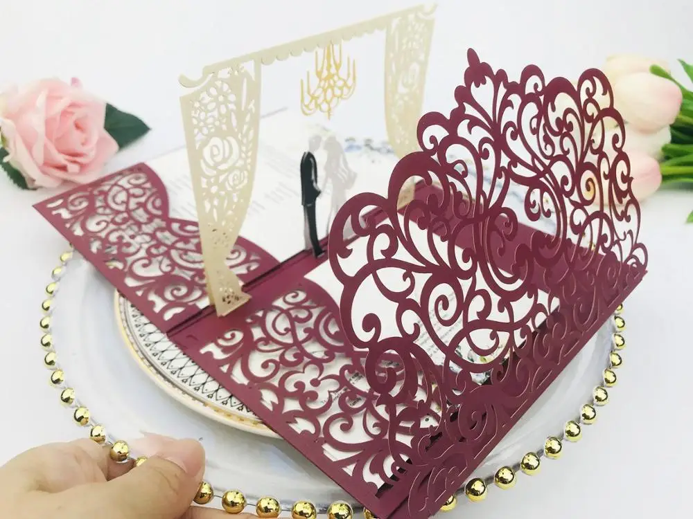 

10x 3D POP UP Card Burgundy tri 3 Fold Pocket Wedding Invitation Card Laser cut Invite engagement envelope RSVP Free Shipping